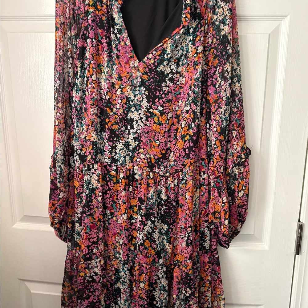 Vince Camuto Pink and Red Bishop Sleeve V-Neck Sundress